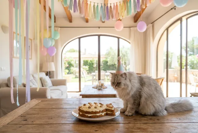 Cat with a small party hat next to a fish-shaped pet-safe birthday cake in Bali