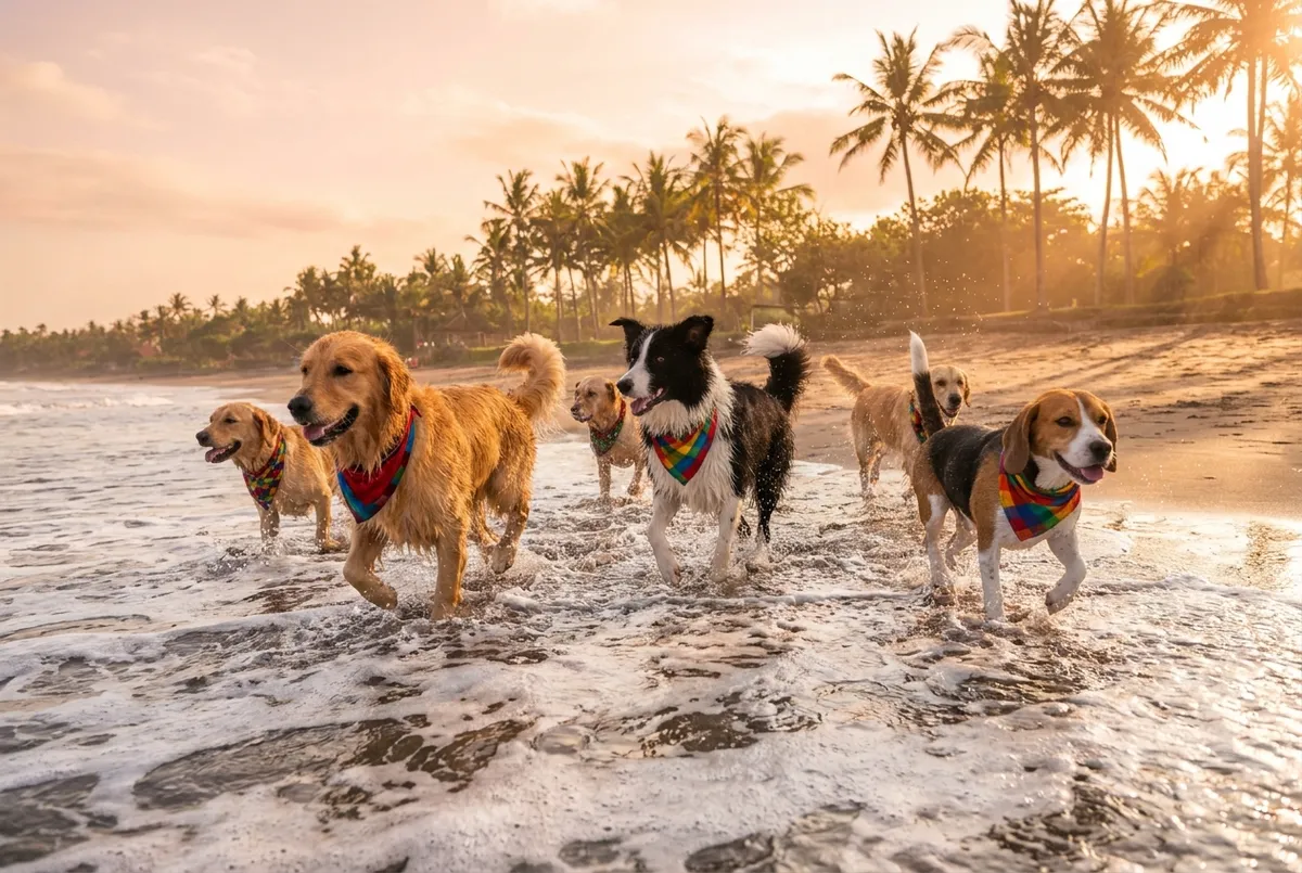 Dogs celebrating a birthday party on a dog-friendly beach in Bali at sunrise