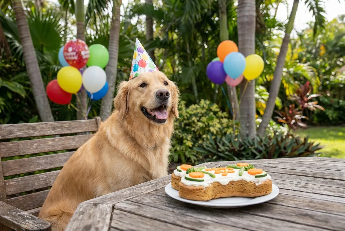 Dog wearing a party hat in front of a pet-safe birthday cake at a Bali villa party