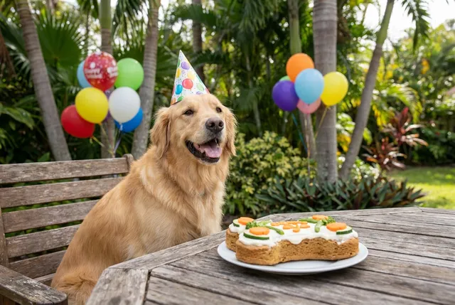 Dog wearing a party hat in front of a pet-safe birthday cake at a Bali villa party