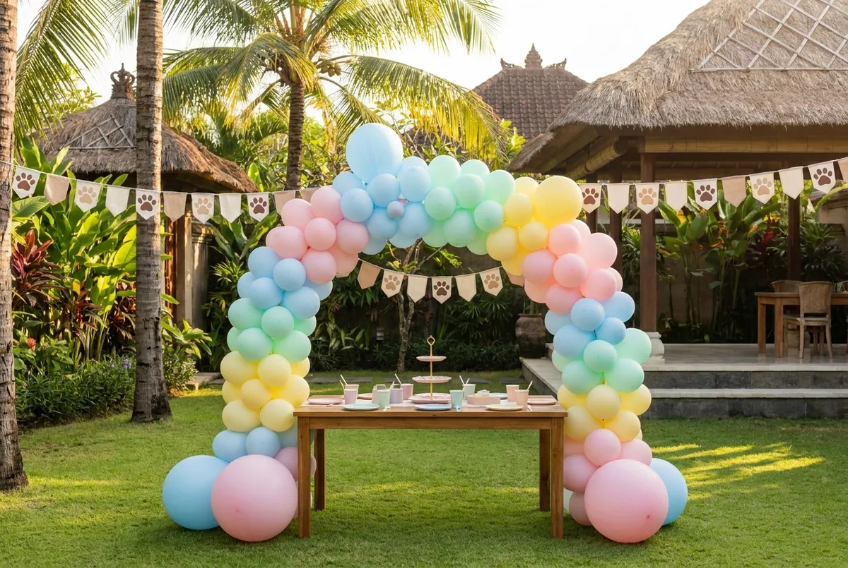 Colourful pet birthday party decor setup with balloon arch in a Bali villa garden
