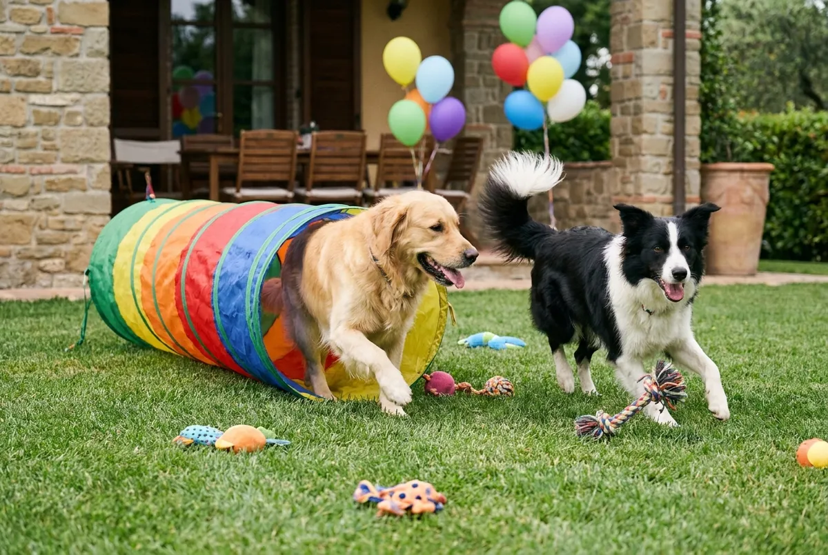 Dogs playing party games with bubbles and agility equipment at a Bali pet party