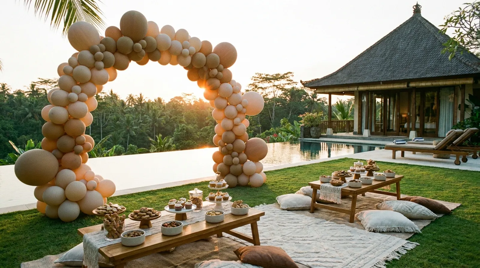 Pet birthday party setup in a tropical Bali villa garden with balloons and treat table