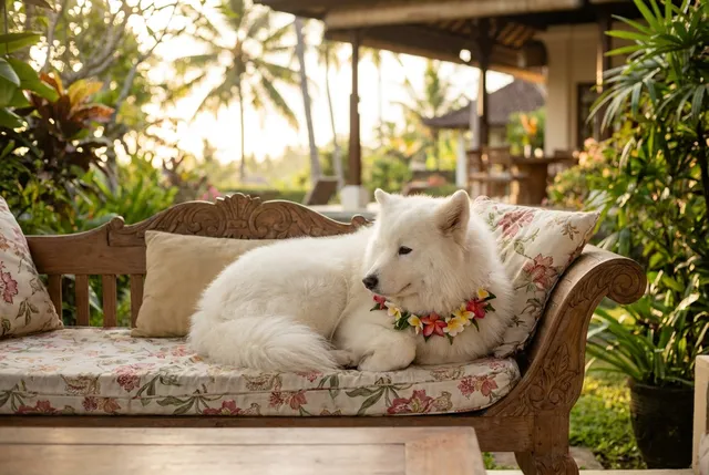 Photographer taking pictures of a dog at golden hour on a Bali beach photoshoot