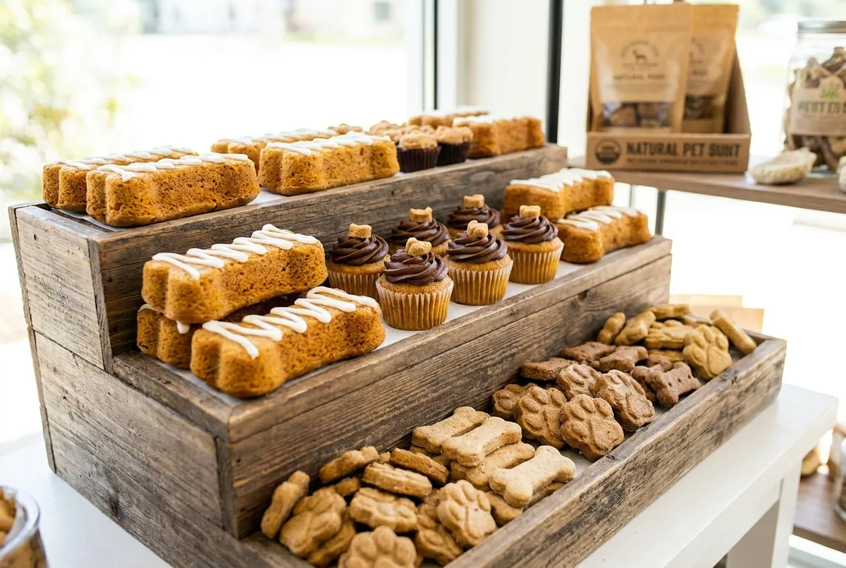 Pet-safe carob birthday cake and decorated dog treats from a Bali pet bakery